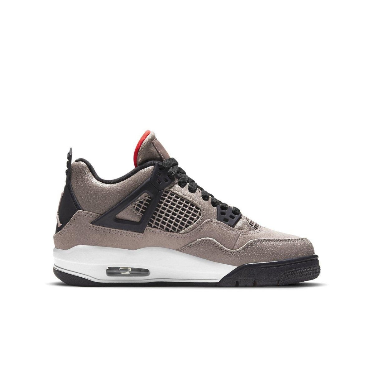 Air Jordan 4 Retro Taupe Haze sneakers in taupe with black accents and textured suede finish.