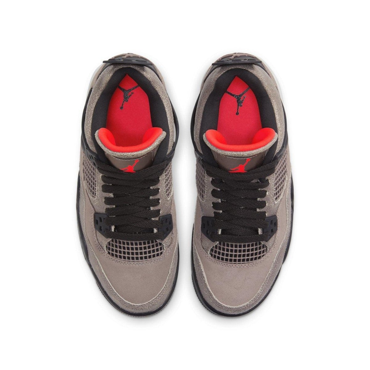 Top view of Air Jordan 4 Retro Taupe Haze sneakers featuring taupe suede, black accents, and red details.