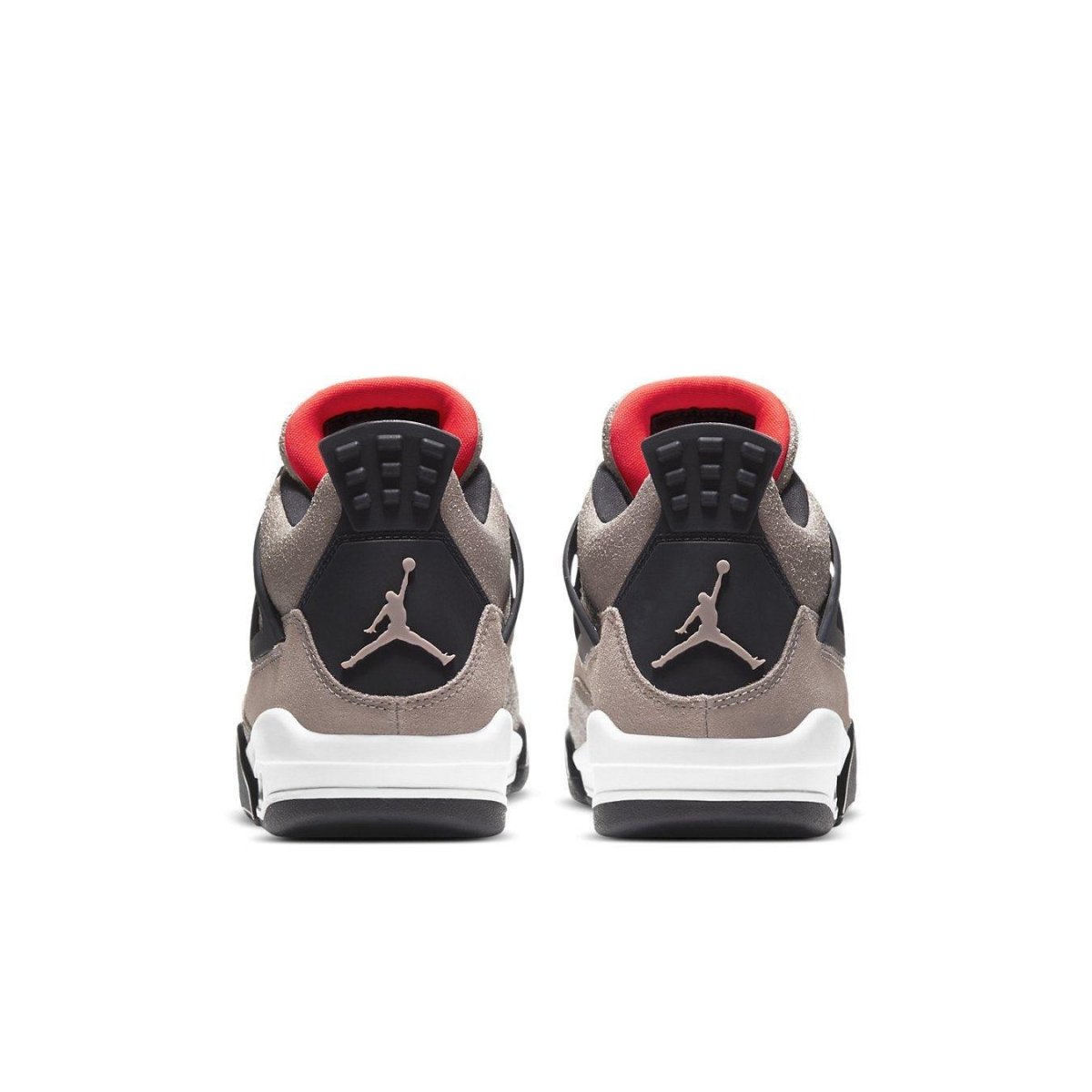 Back view of Air Jordan 4 Retro Taupe Haze sneakers showcasing textured taupe upper and red accents.