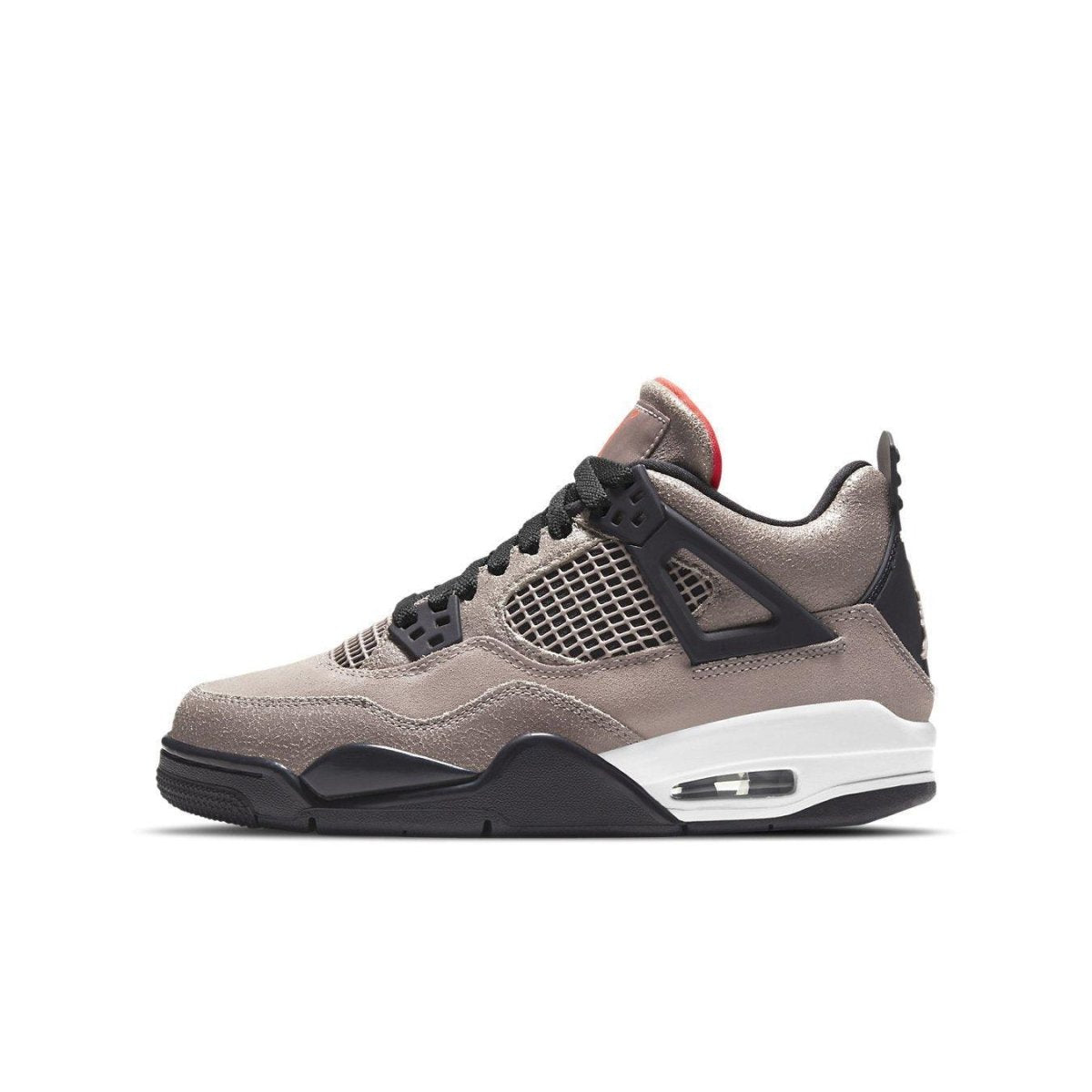 Air Jordan 4 Retro Taupe Haze GS sneaker featuring taupe suede upper and black accents.