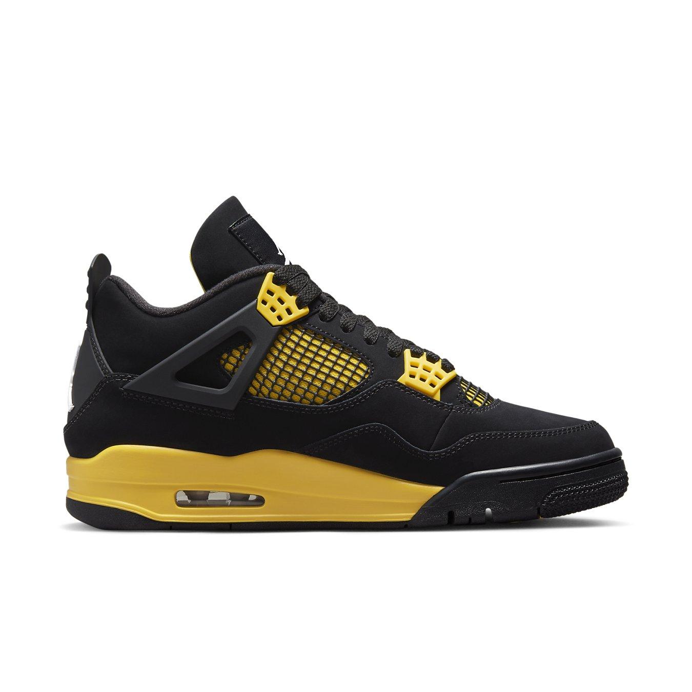 Air Jordan 4 Retro Thunder 2023 sneaker featuring black nubuck upper and yellow accents.