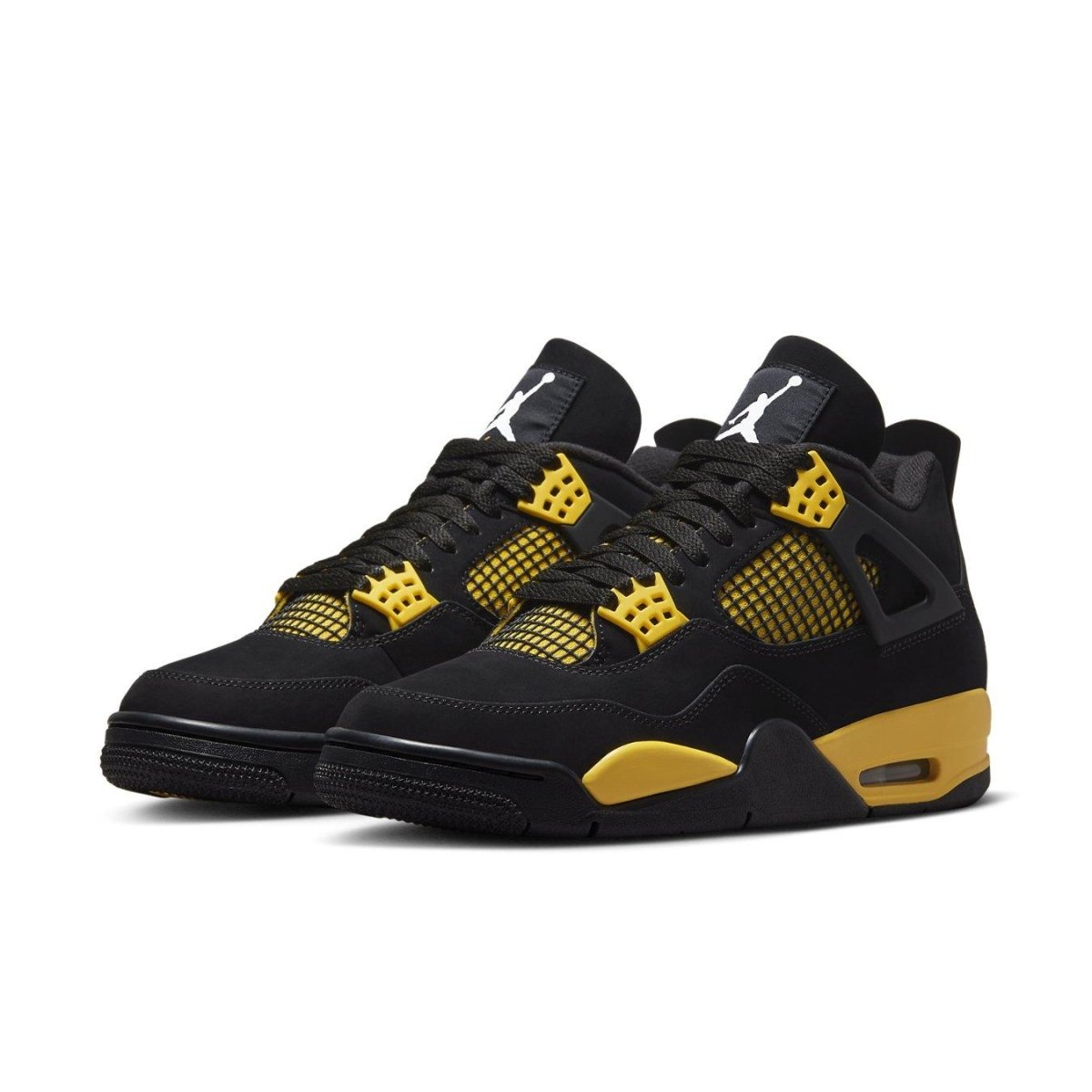 Air Jordan 4 Retro Thunder (2023) sneakers in black nubuck with yellow accents and mesh details.