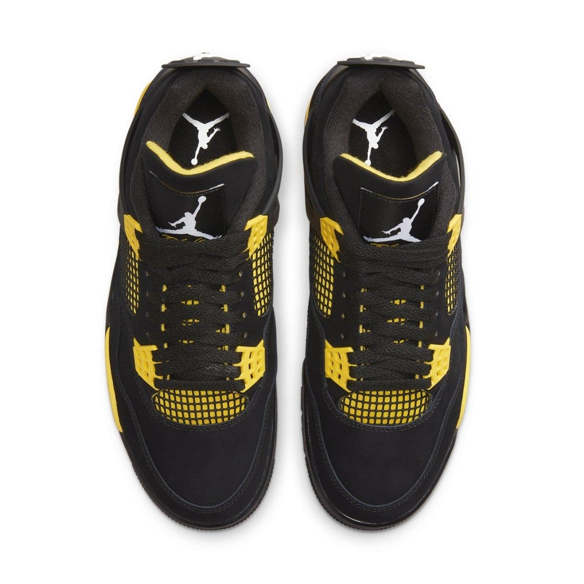 Air Jordan 4 Retro Thunder (2023) black and yellow sneakers overhead view.