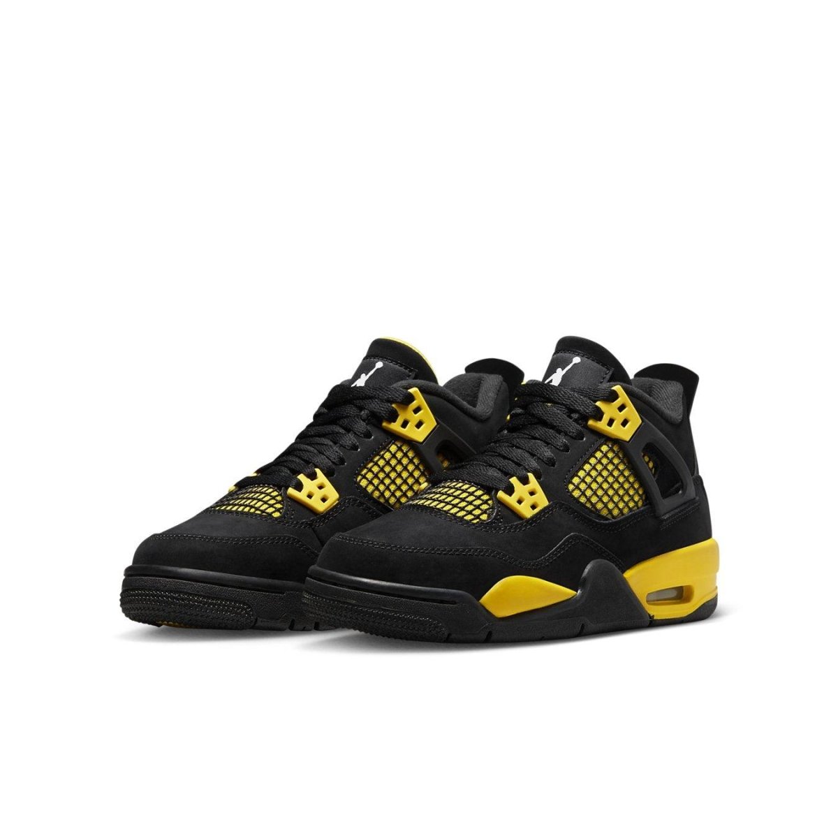 Air Jordan 4 Retro Thunder (2023) GS sneakers featuring black nubuck and yellow accents.