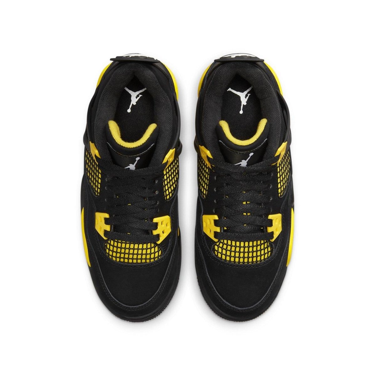 Jordan 4 Retro Thunder 2023 GS top view featuring black nubuck and yellow accents.