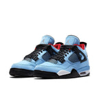 Jordan 4 Retro Travis Scott Cactus Jack sneakers in blue, red, and black, celebrating Houston's football legacy.