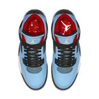 Top view of Jordan 4 Retro Travis Scott Cactus Jack sneakers featuring red and blue accents.