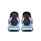 Back view of Air Jordan 4 Retro Travis Scott Cactus Jack sneakers with unique color detailing.