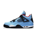 Air Jordan 4 Retro Travis Scott Cactus Jack sneaker in blue, black, and red design, inspired by Houston football colors.