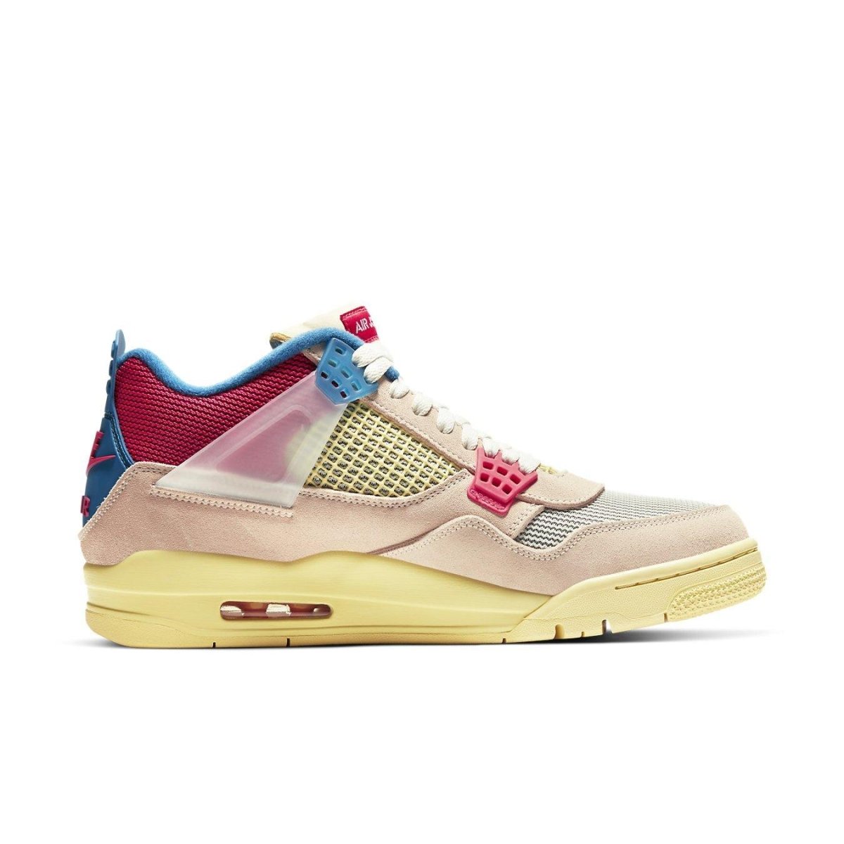Air Jordan 4 Retro Union Guava Ice sneaker featuring pink suede, airy mesh, and translucent TPU wings.