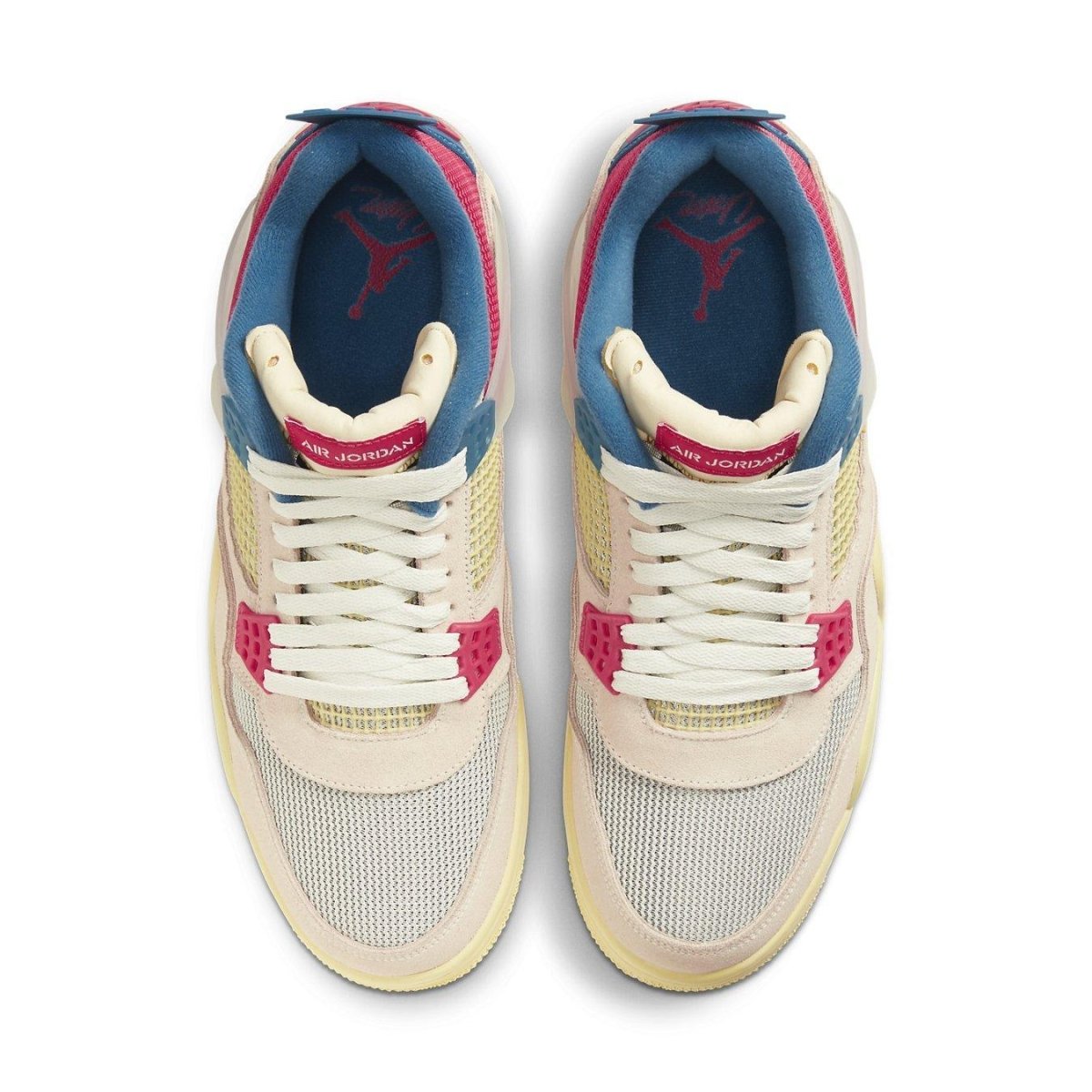 Top view of Jordan 4 Retro Union Guava Ice sneakers with pink, blue, and cream colorway.