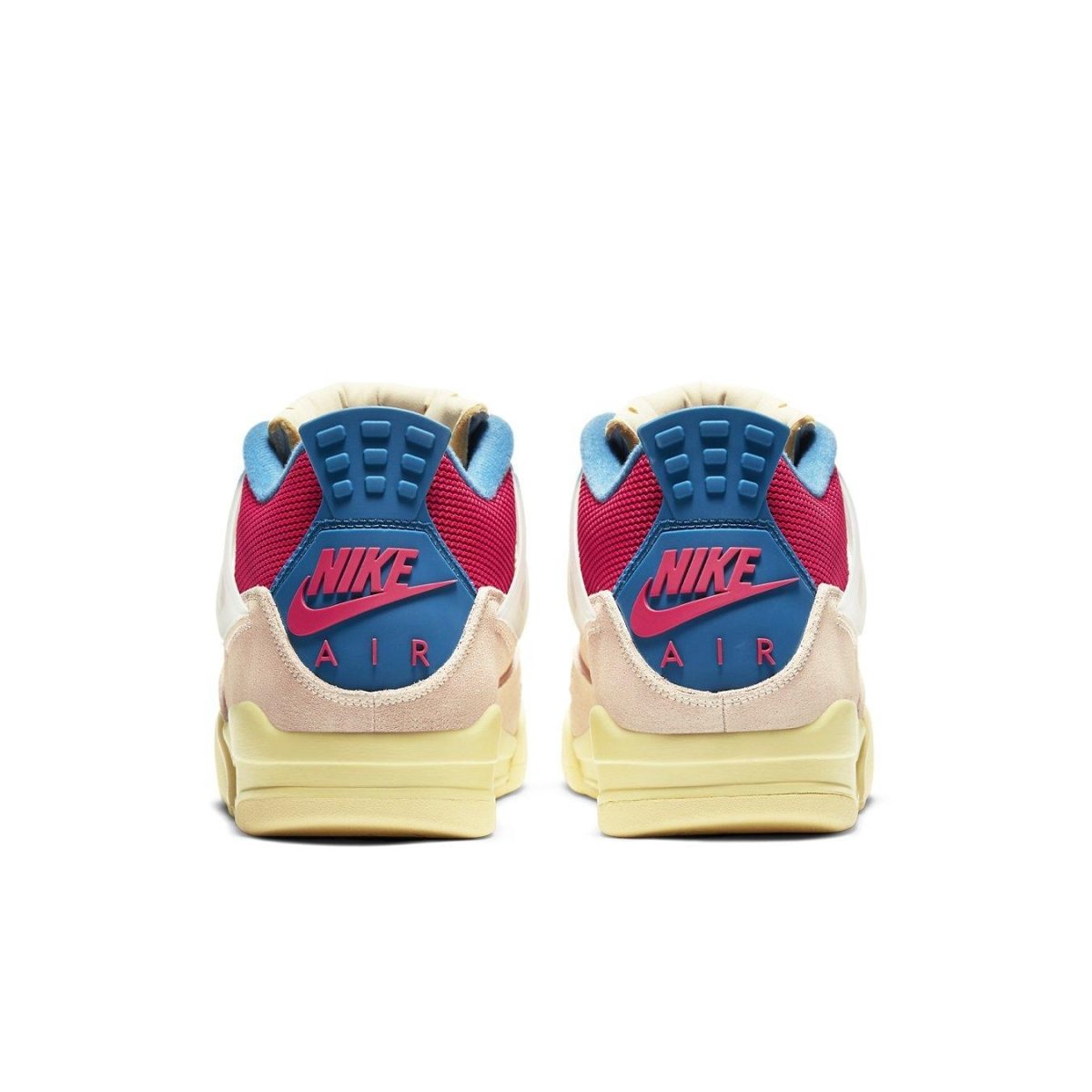 Back view of Nike Air Jordan 4 Retro Union Guava Ice sneakers featuring vibrant pink and blue details.