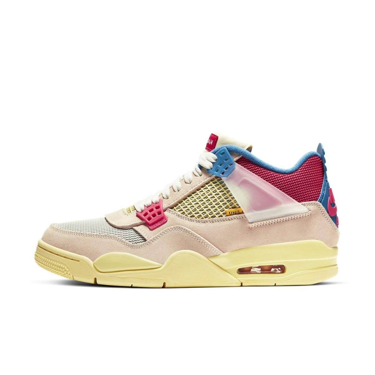 Air Jordan 4 Retro Union Guava Ice sneaker in pink, yellow, and blue, featuring a stylish design and breathable materials.