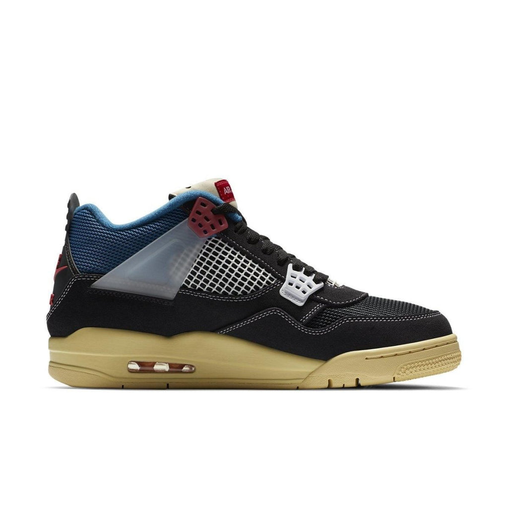 Jordan 4 Retro Union Off Noir featuring a black and blue upper with a sail sole for a stylish look.