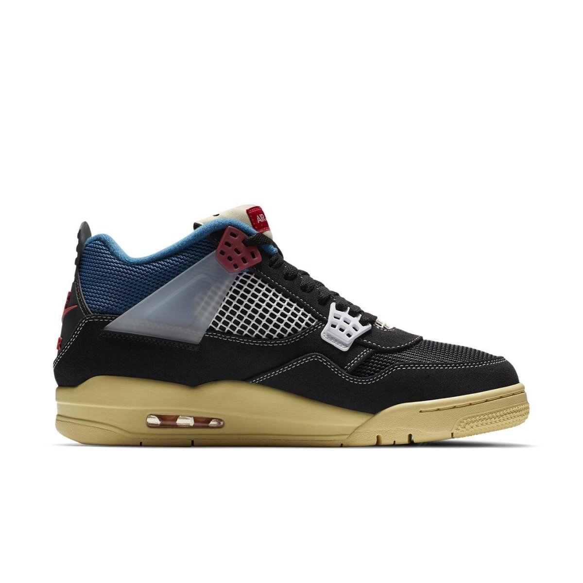 Jordan 4 Retro Union Off Noir featuring a black and blue upper with a sail sole for a stylish look.