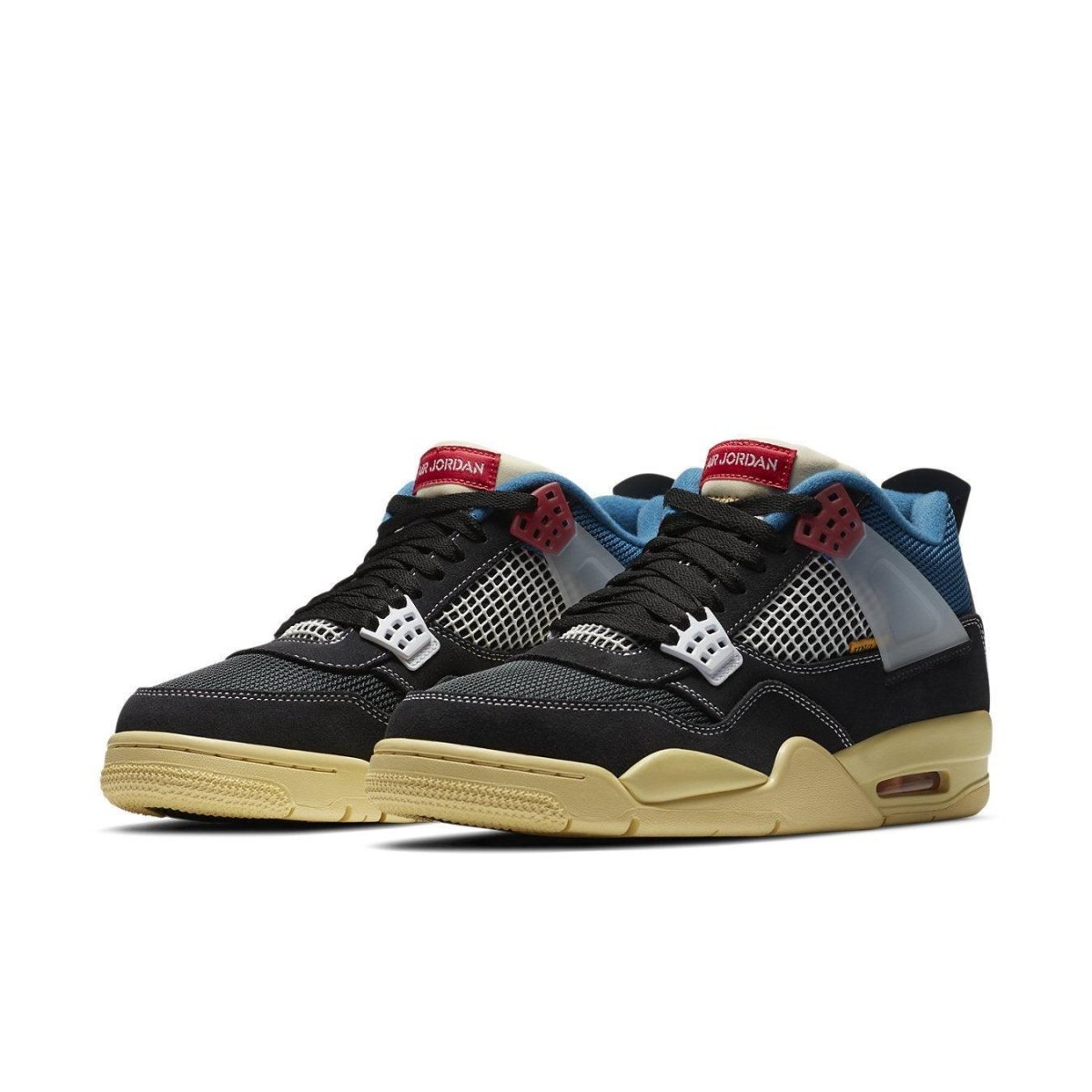 Jordan 4 Retro Union Off Noir featuring black and blue upper with sail sole, showcasing premium sneaker collaboration.