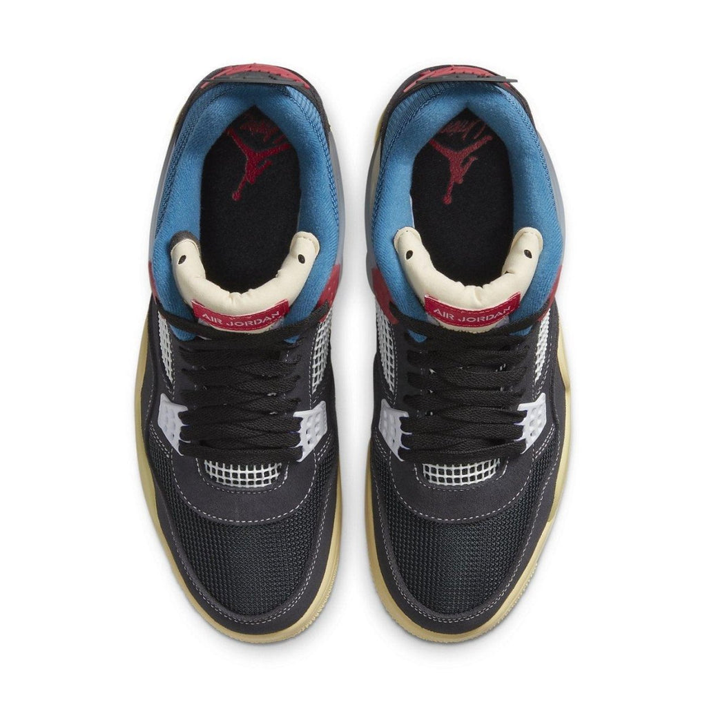 Top view of Jordan 4 Retro Union Off Noir sneakers featuring black, blue, and red colorway with sail sole.