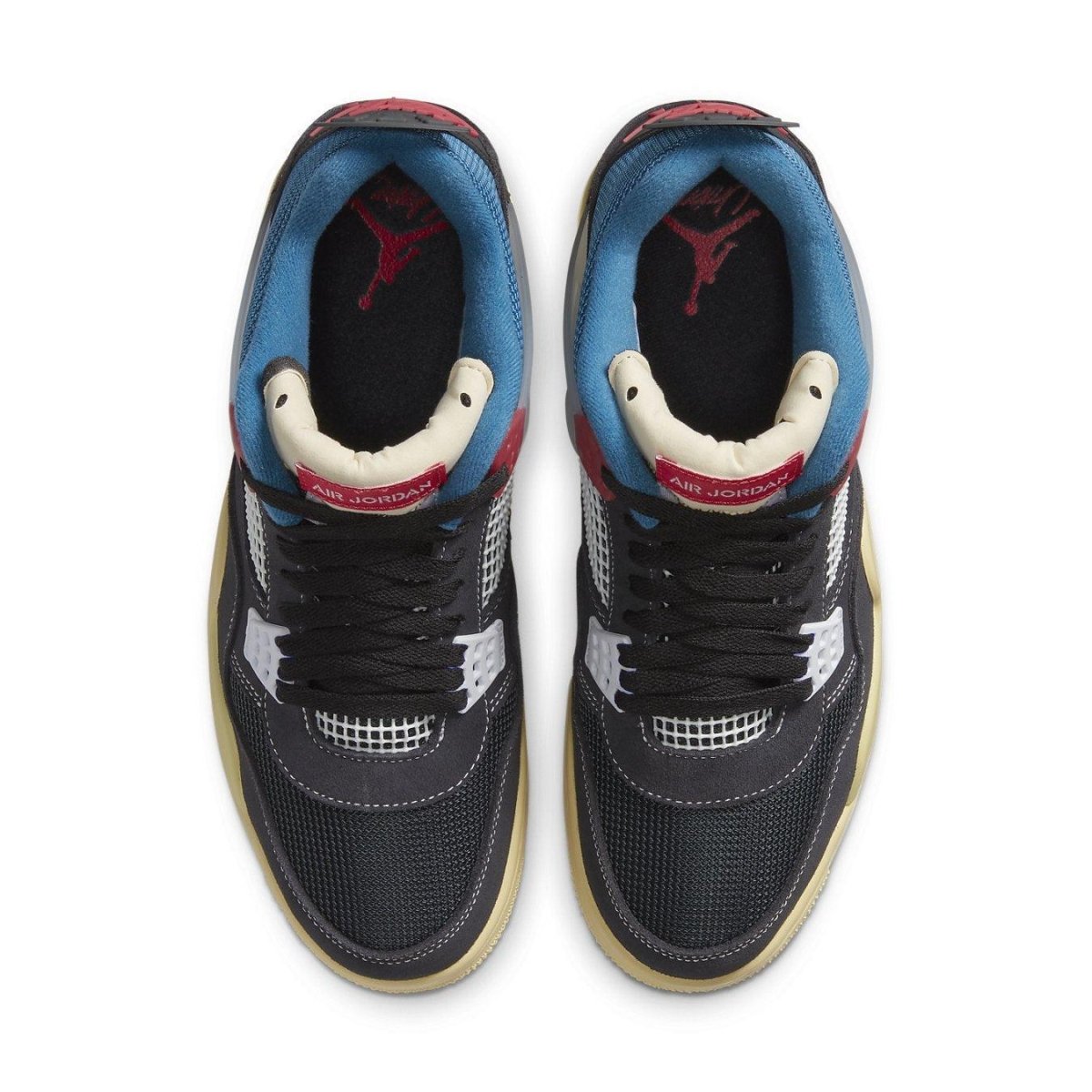Top view of Jordan 4 Retro Union Off Noir sneakers featuring black, blue, and red colorway with sail sole.