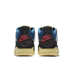 Back view of Jordan 4 Retro Union Off Noir showcasing black and blue upper with Nike Air branding and cream sole.