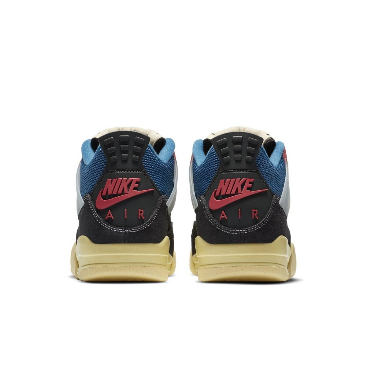 Back view of Jordan 4 Retro Union Off Noir showcasing black and blue upper with Nike Air branding and cream sole.