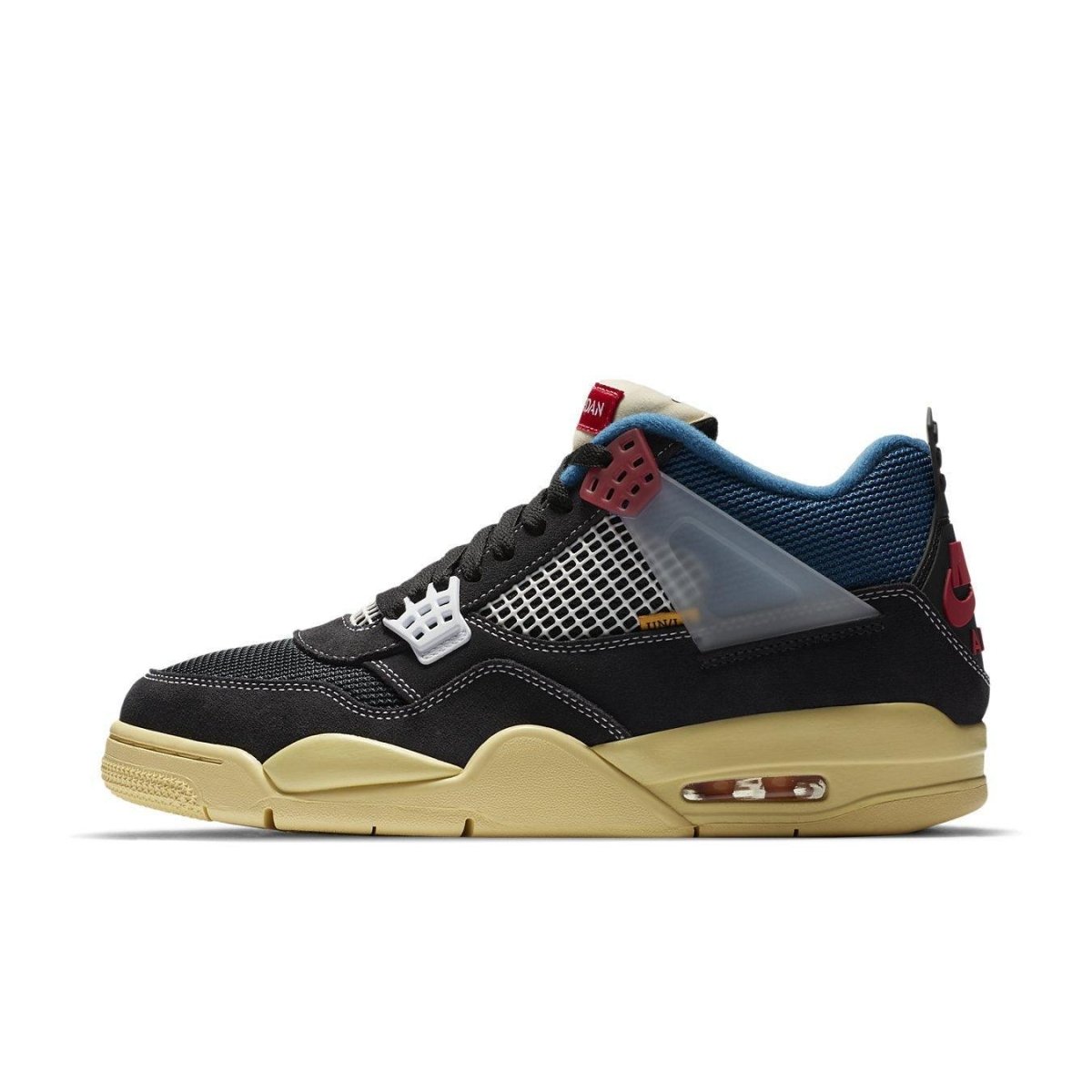Jordan 4 Retro Union Off Noir sneaker featuring black and blue upper with sail sole.