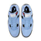 Air Jordan 4 Retro University Blue top view featuring premium suede and OG mesh panels.