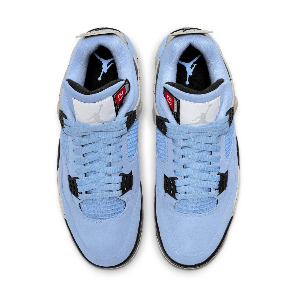 Air Jordan 4 Retro University Blue top view featuring premium suede and OG mesh panels.