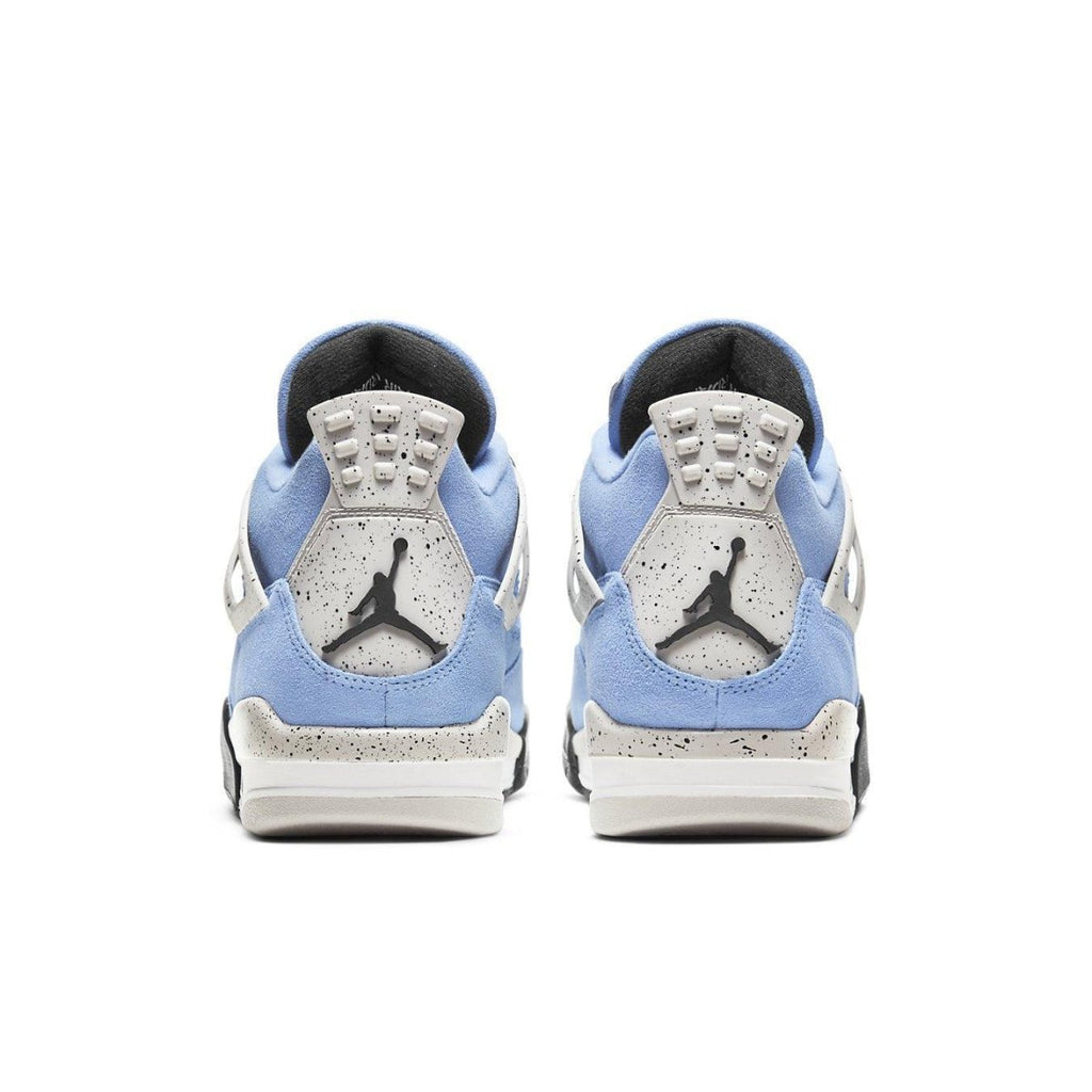 Back view of Air Jordan 4 Retro University Blue featuring suede upper and iconic branding.