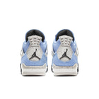 Back view of Air Jordan 4 Retro University Blue featuring suede upper and iconic branding.