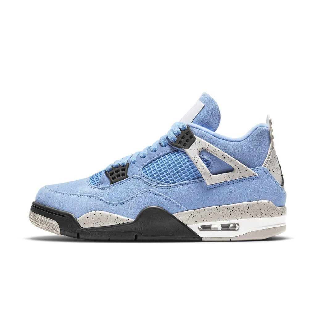 Air Jordan 4 Retro University Blue featuring suede upper, black accents, and OG mesh details.