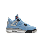 Air Jordan 4 Retro University Blue GS sneakers with suede and cement accents, inspired by UNC colors.