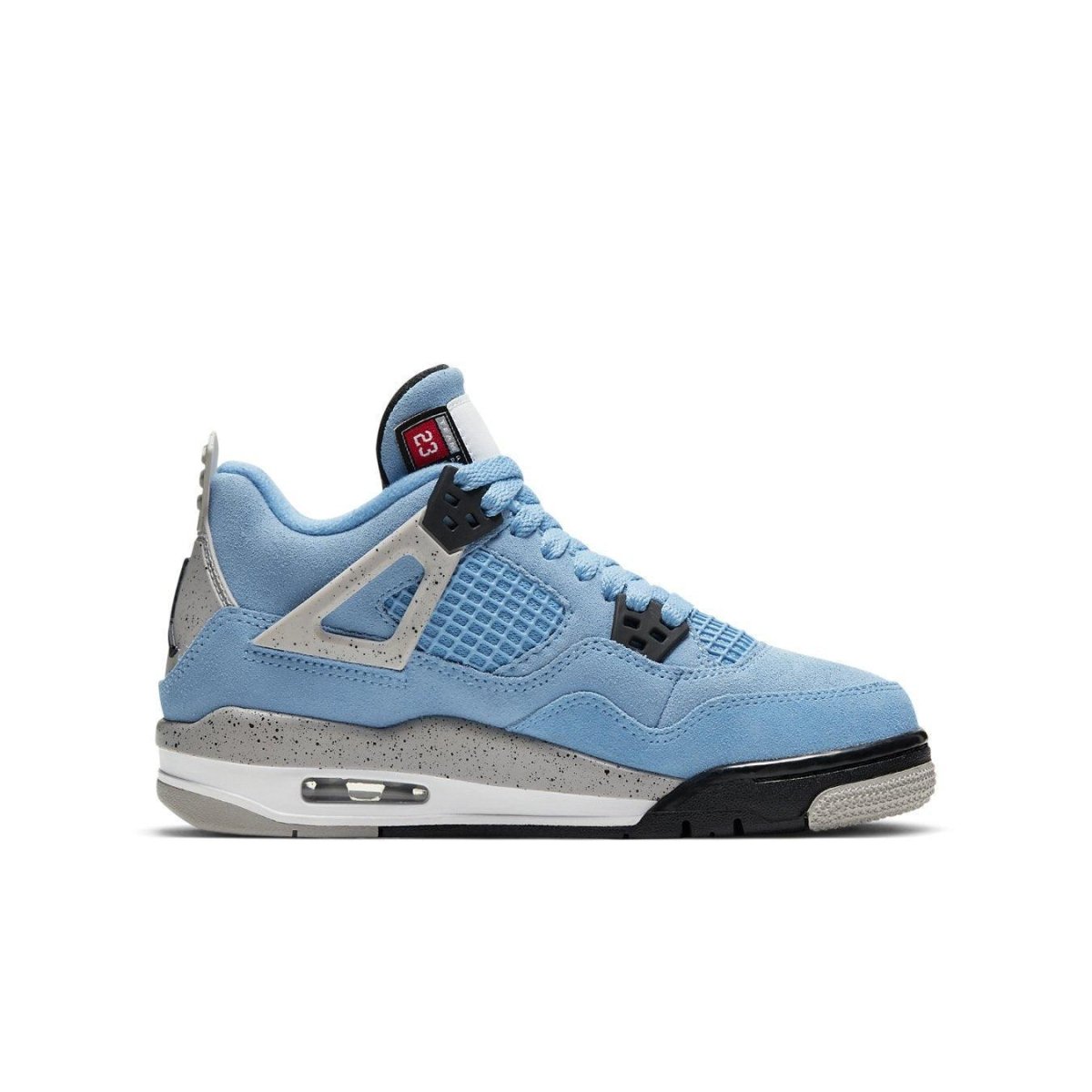 Air Jordan 4 Retro University Blue GS sneakers with suede and cement accents, inspired by UNC colors.