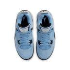 Top view of Air Jordan 4 Retro University Blue (GS) sneakers featuring a suede upper in light blue color.