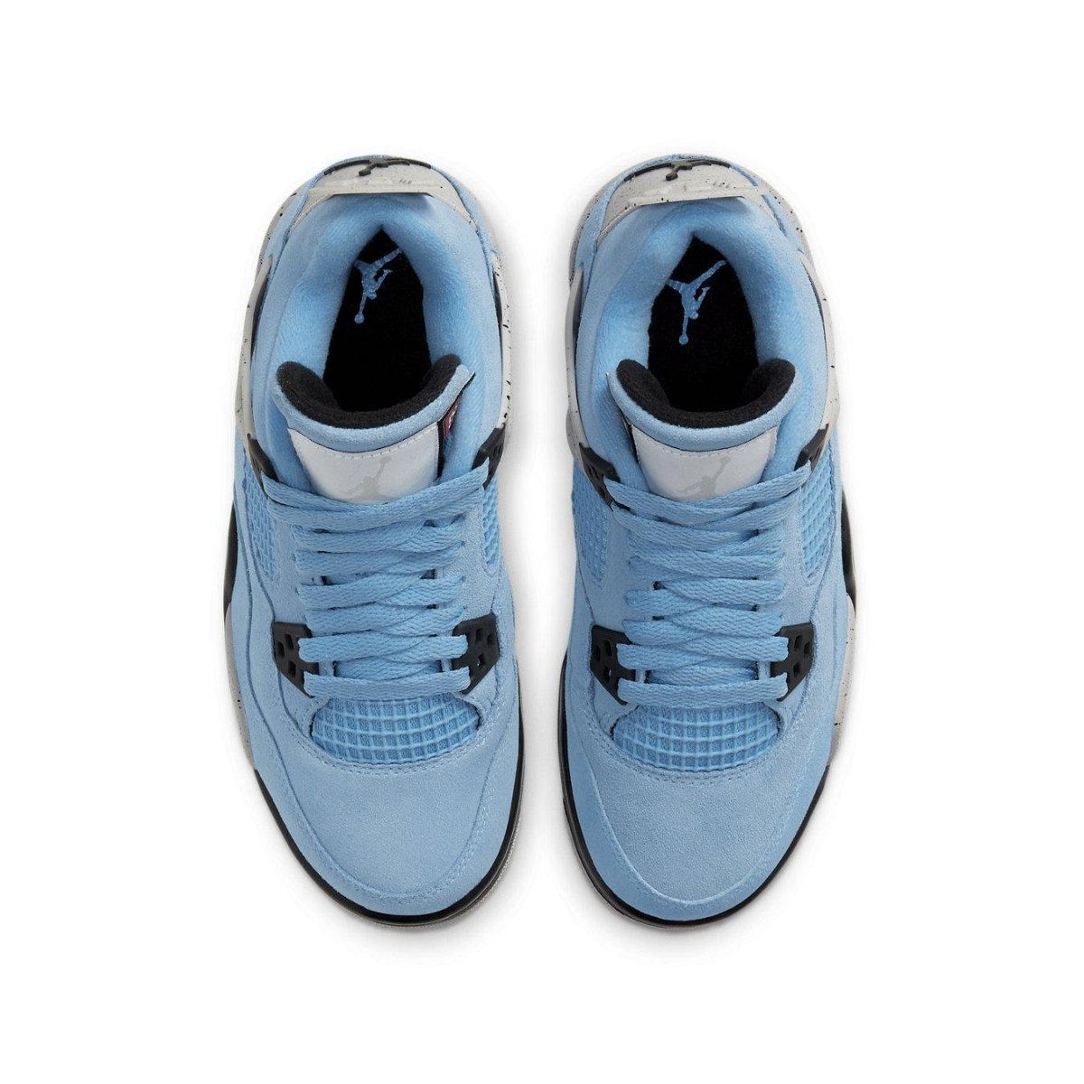 Top view of Air Jordan 4 Retro University Blue (GS) sneakers featuring a suede upper in light blue color.