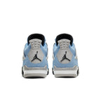 Jordan 4 Retro University Blue GS sneakers rear view featuring suede upper and iconic Jumpman logo.