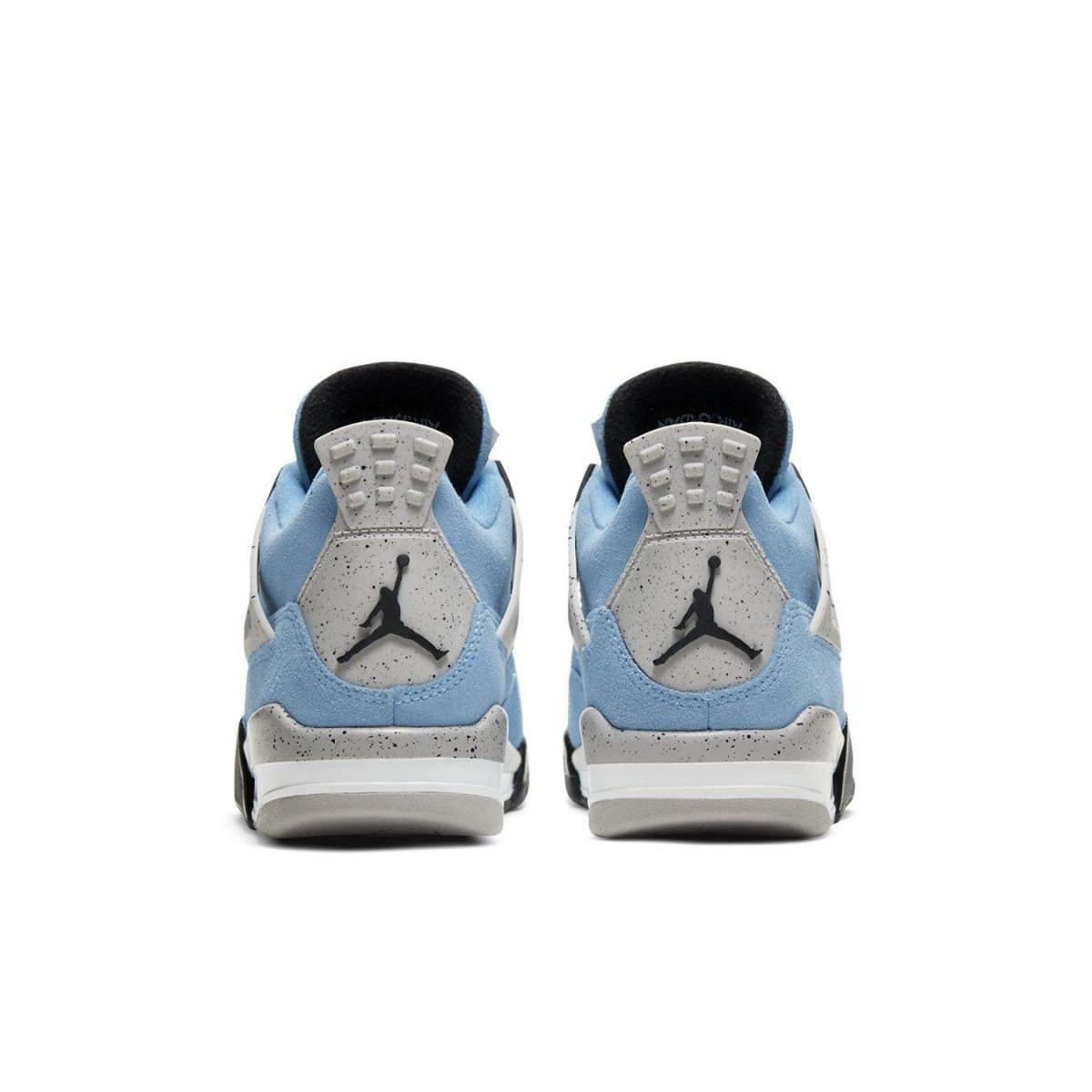 Jordan 4 Retro University Blue GS sneakers rear view featuring suede upper and iconic Jumpman logo.
