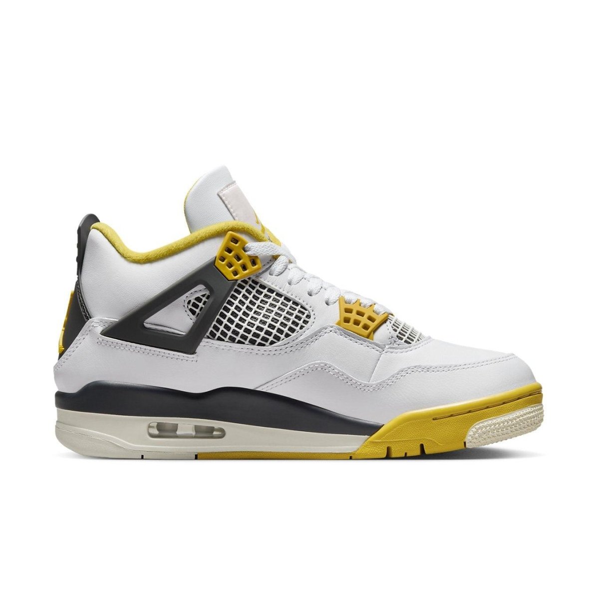 Jordan 4 Retro Vivid Sulfur Women's sneaker featuring white leather and vivid yellow accents.