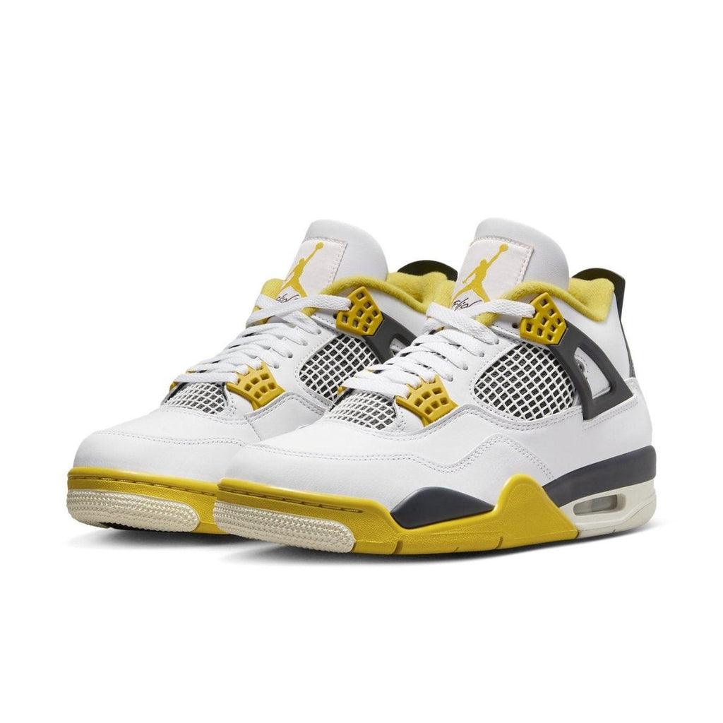 Air Jordan 4 Retro Vivid Sulfur Women's sneakers with white leather, vibrant yellow accents, and black details.