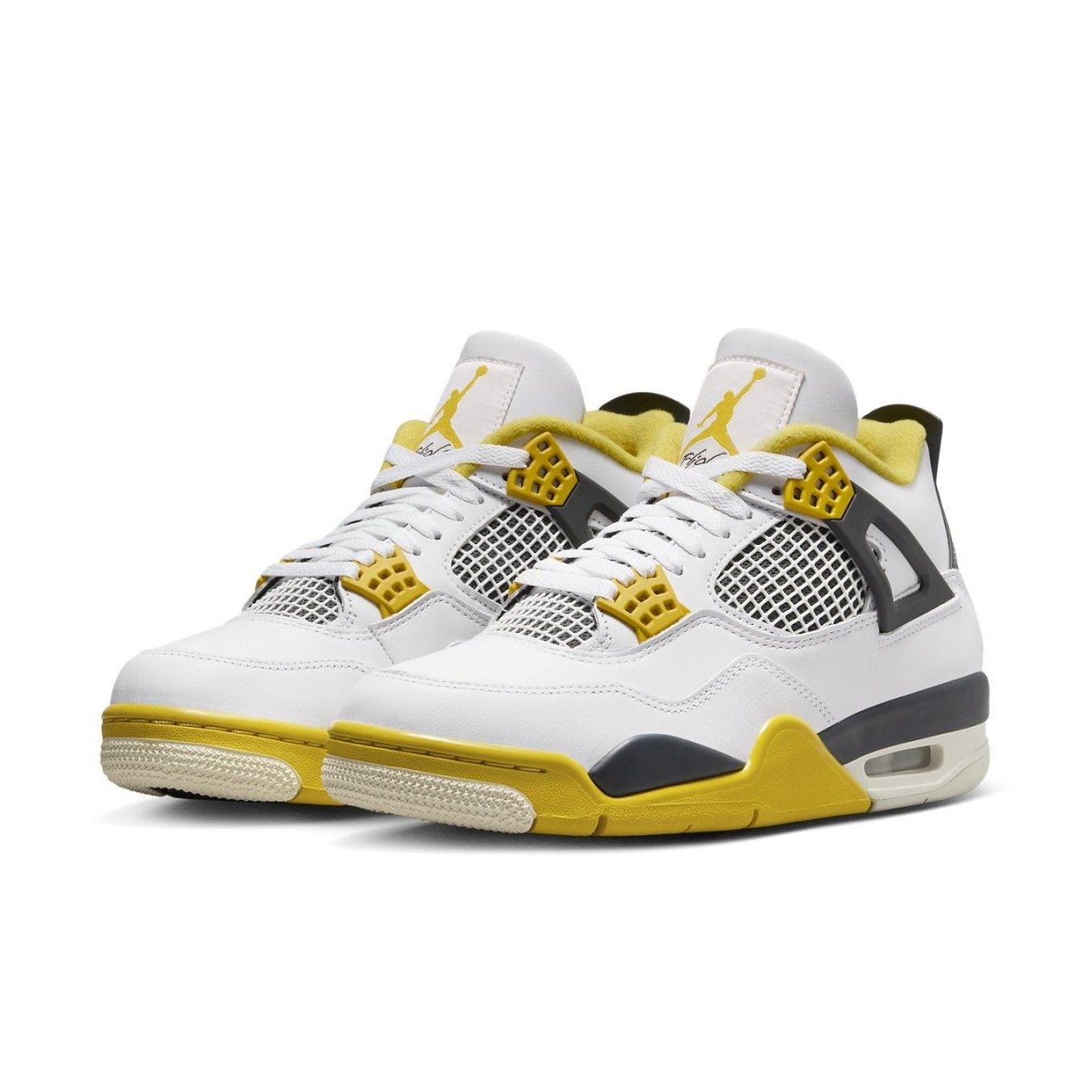 Air Jordan 4 Retro Vivid Sulfur Women's sneakers with white leather, vibrant yellow accents, and black details.