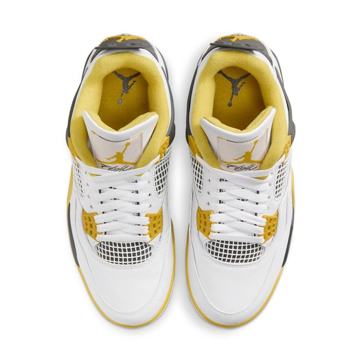 Top view of women's Jordan 4 Retro Vivid Sulfur featuring white leather and vivid yellow accents.