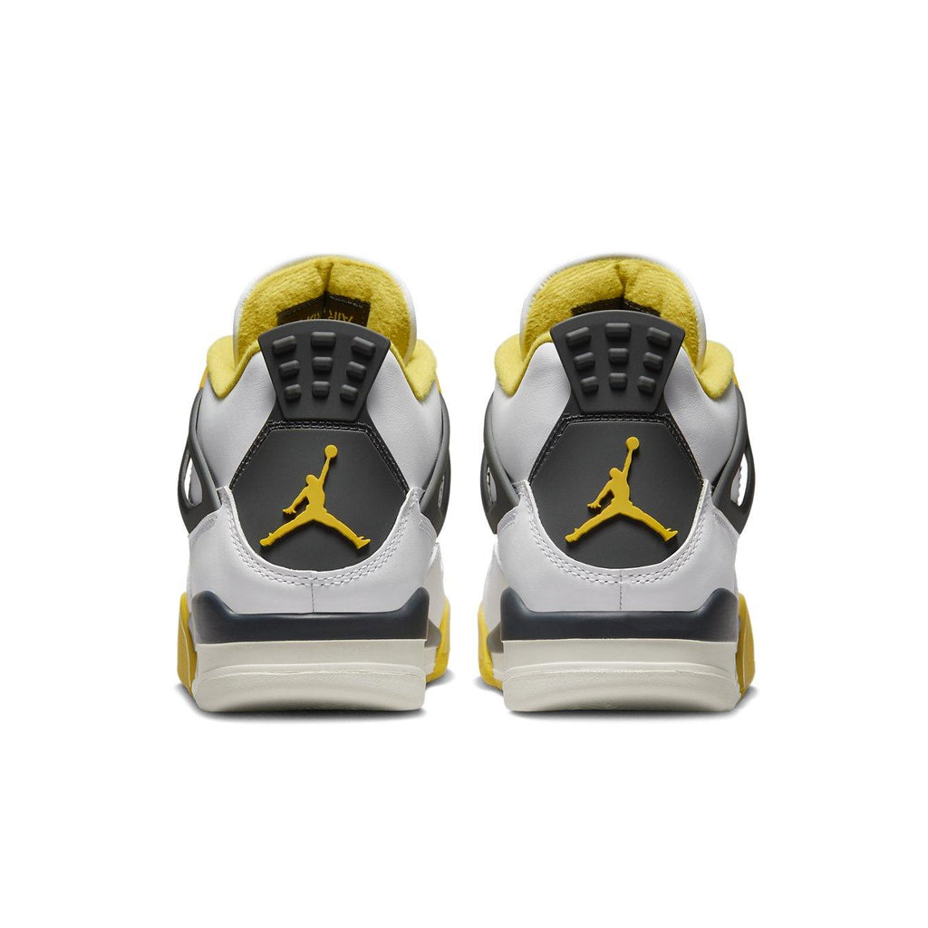 Back view of Air Jordan 4 Retro Vivid Sulfur sneakers, showcasing white leather, vivid sulfur accents, and black branding.