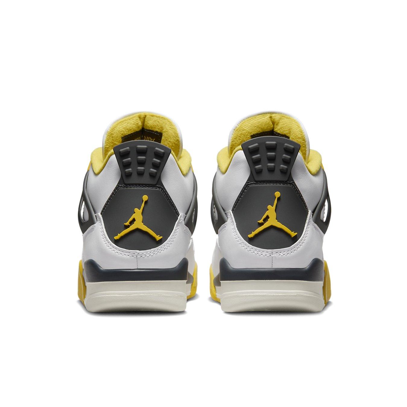 Back view of Air Jordan 4 Retro Vivid Sulfur sneakers, showcasing white leather, vivid sulfur accents, and black branding.