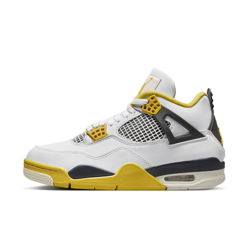 Jordan 4 Retro Vivid Sulfur Women's sneakers, featuring white leather, vivid yellow accents, and dark gray details.