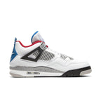 Air Jordan 4 Retro SE "What The 4" sneaker featuring Varsity Red, Cement Grey, and Military Blue accents.