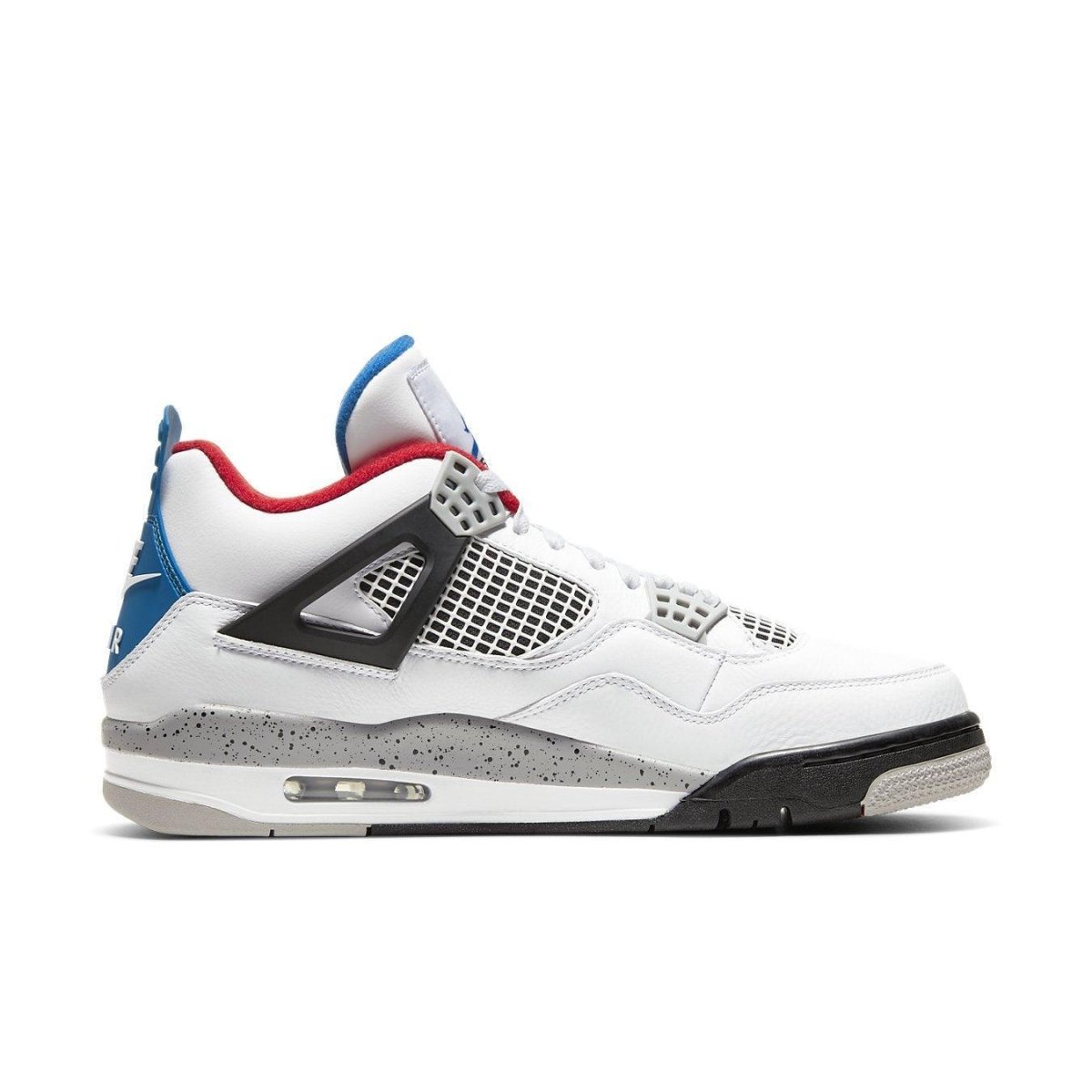 Air Jordan 4 Retro SE "What The 4" sneaker featuring Varsity Red, Cement Grey, and Military Blue accents.