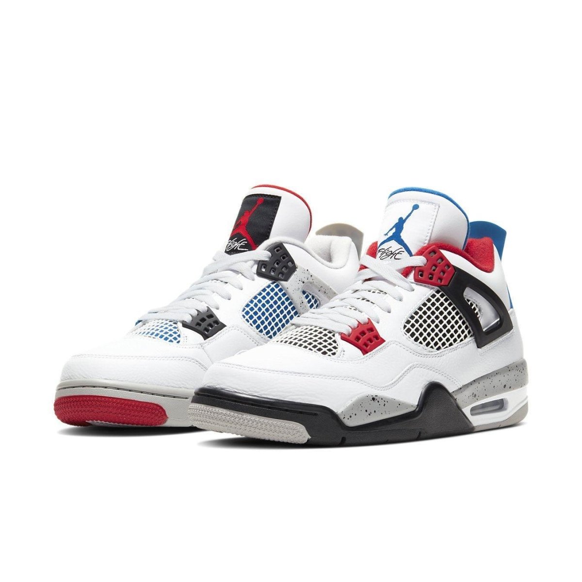 Air Jordan 4 Retro What The featuring red, blue, and grey accents on a classic white sneaker design.