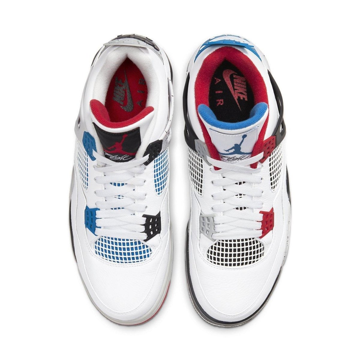Air Jordan 4 Retro What The sneakers featuring mixed color design with Varsity Red, Cement Grey, and Military Blue accents.
