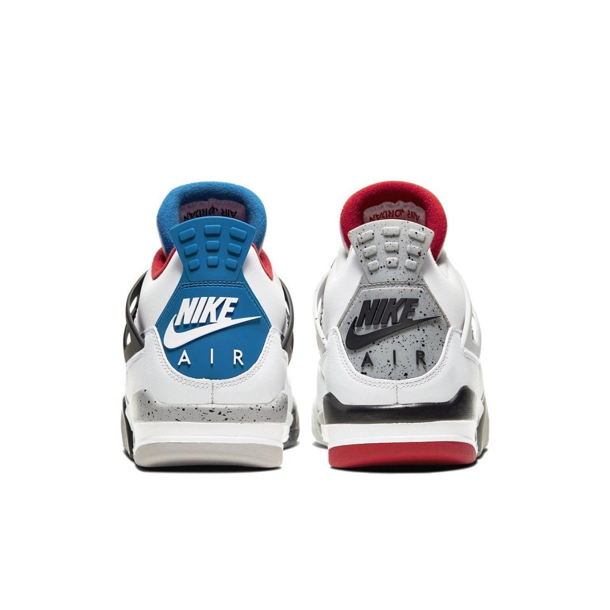 Back view of Air Jordan 4 Retro What The sneakers showcasing blue and red accents.