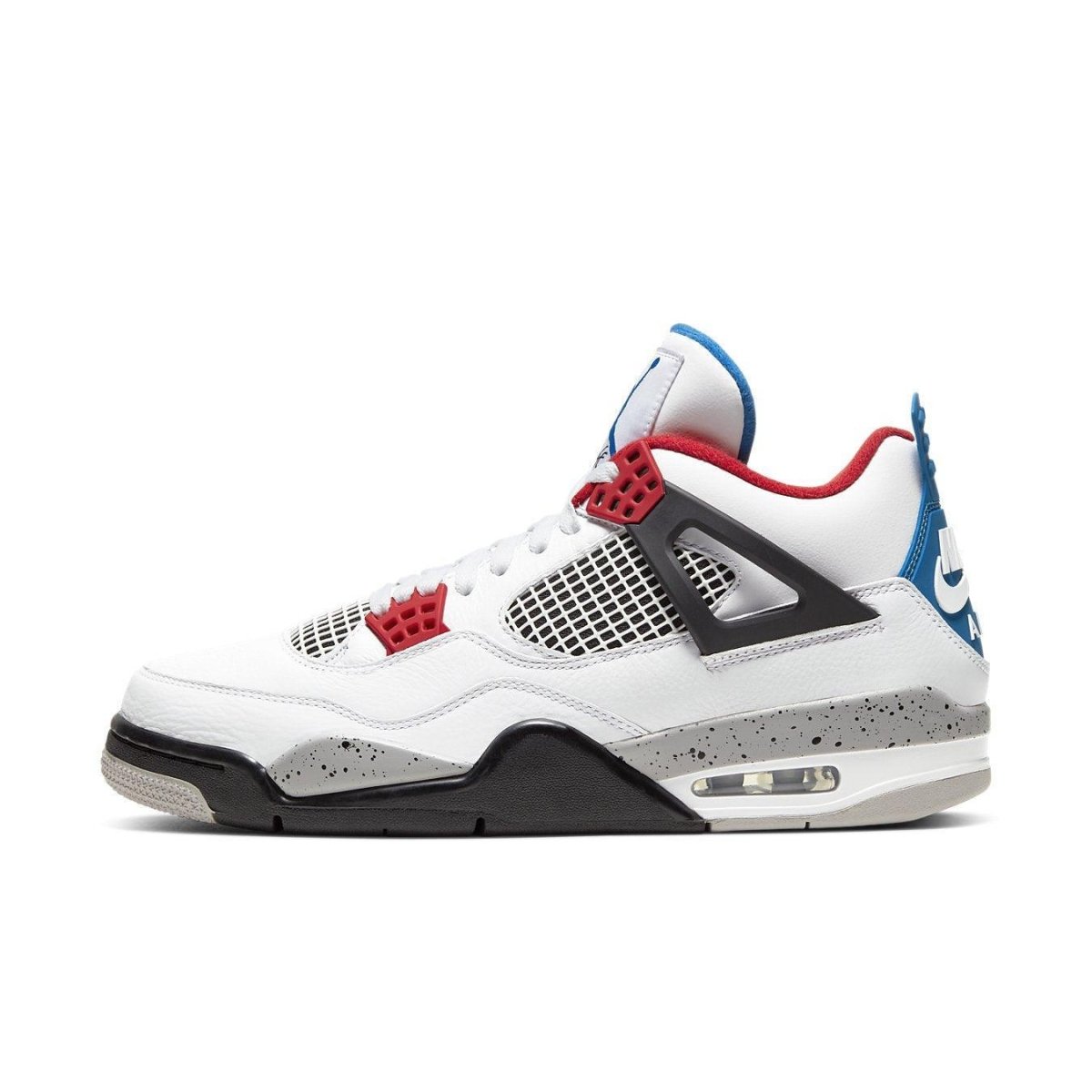 Air Jordan 4 Retro What The sneaker featuring red, blue, and grey accents on a white leather base.