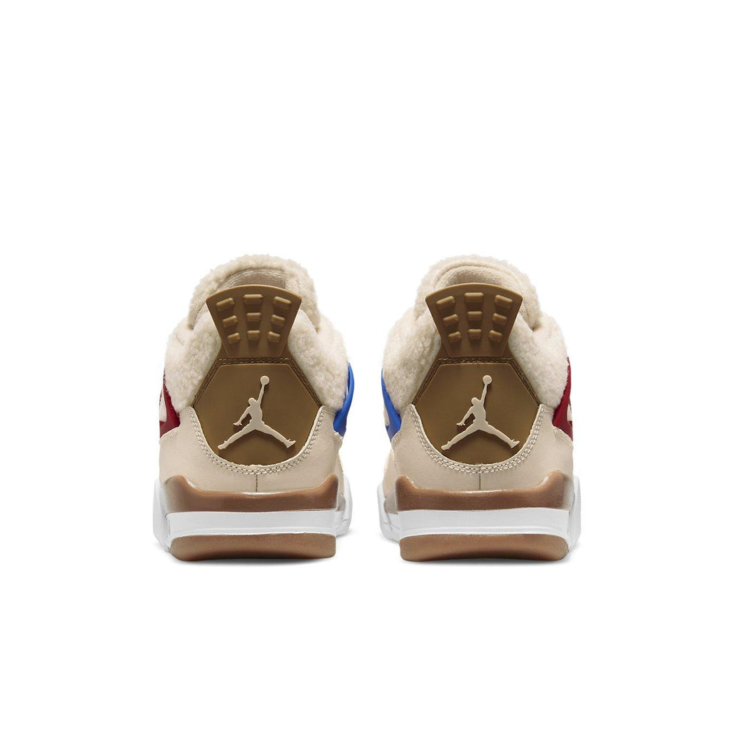 Air Jordan 4 Retro GS 'Wild Things' kids' sneakers featuring tan suede, neon accents, and iconic Jordan branding.